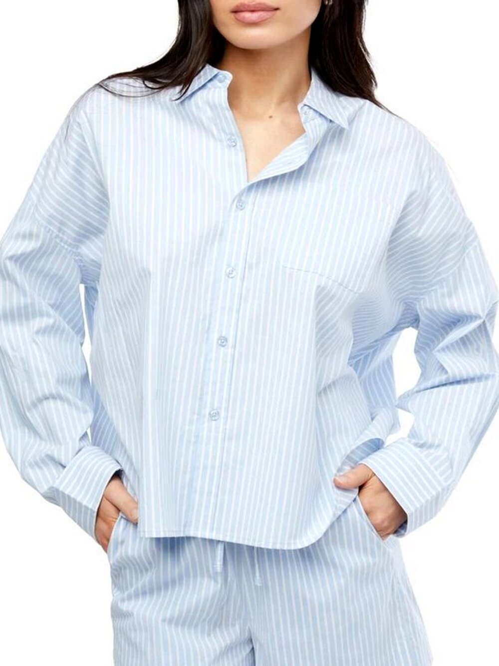 WEWOREWHAT Women’s blue tripe Long Sleeve Stretch Cropped Button Front Shirt, S